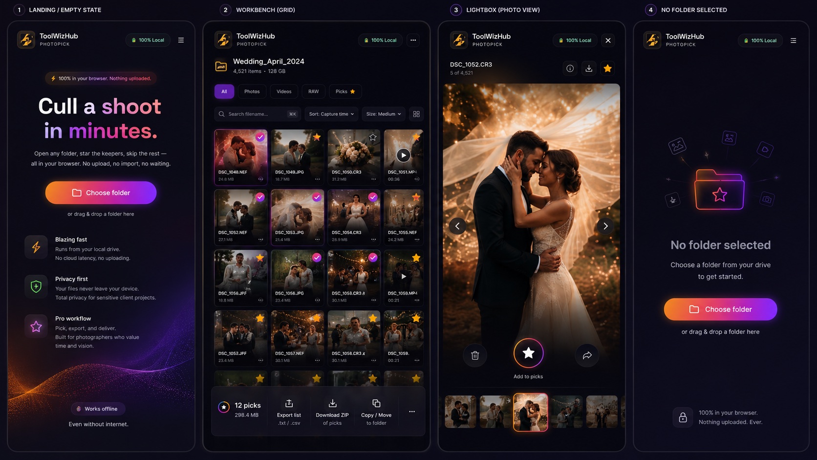 PhotoPick screens — landing, workbench grid, lightbox, and empty state